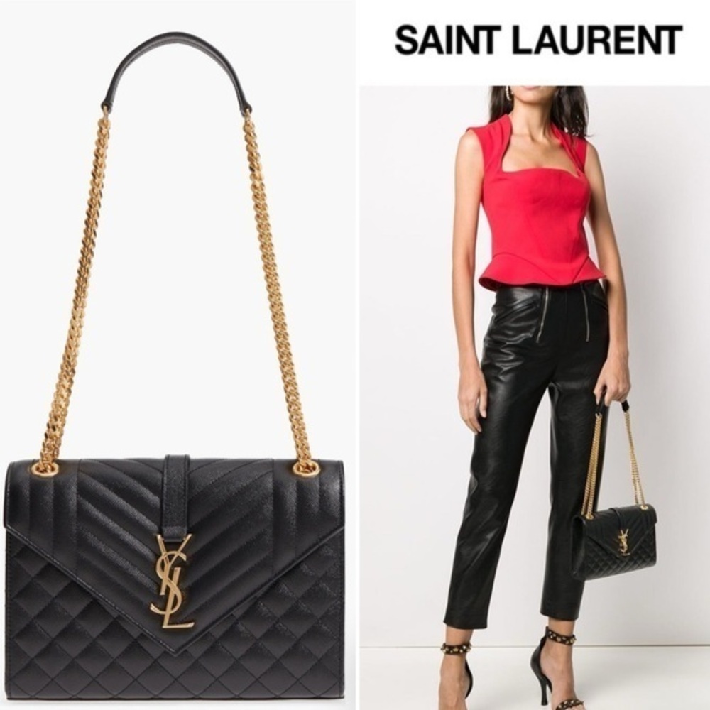 Saint Laurent Medium Cassandra Quilted Leather Envelope Shoulder Bag Black Gold